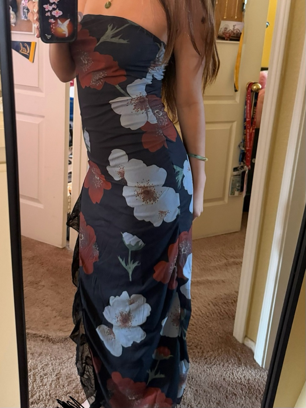 Strapless Black Floral Maxi Dress - Red & White Bloom